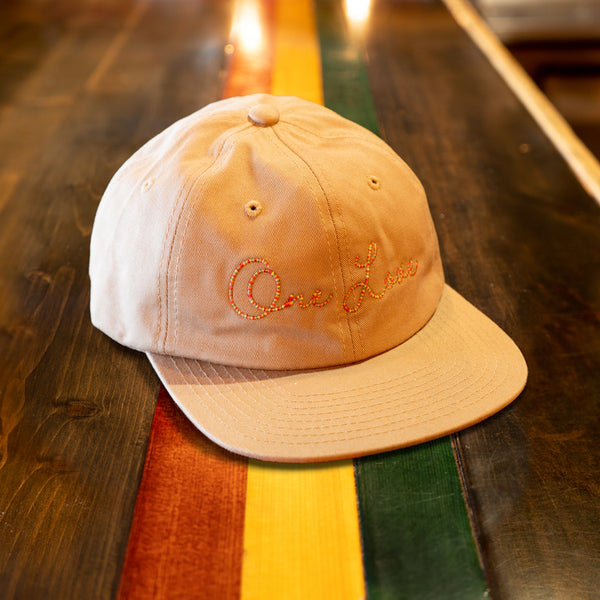 Red, Gold, and Green "One Love" Script, Khaki Hat