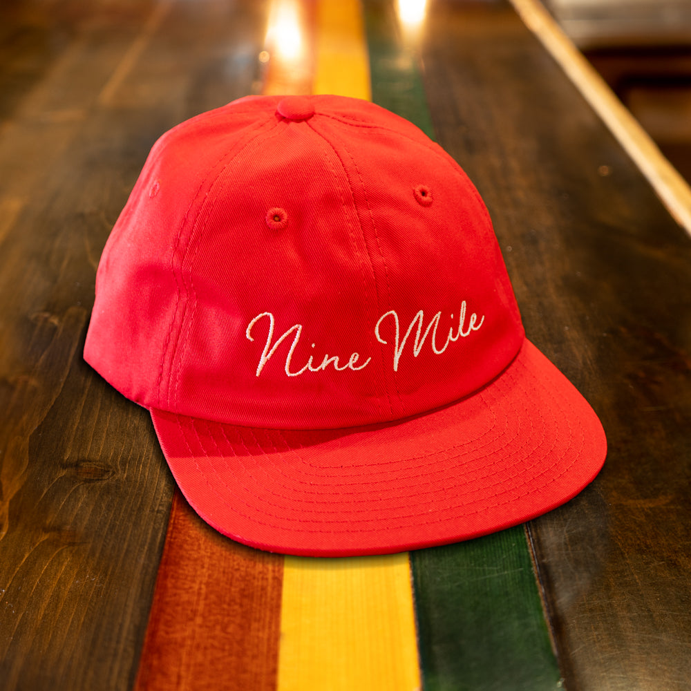 White Nine Mile Script Red Snapback Hat