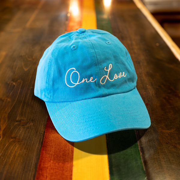 White "One Love" Script, Neon Blue Hat