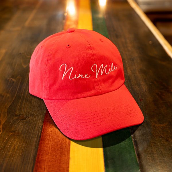 White "Nine Mile" Script, Red Dad Hat