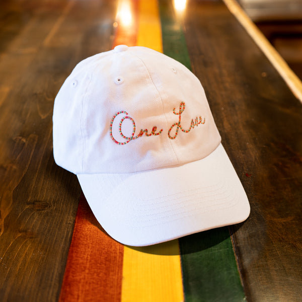 Red, Gold, and Green "One Love" Script, White Hat